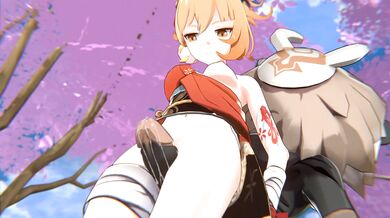 A hot girl with a big orange donut gets fucked on the rooftop of Yoimiya High.