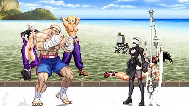 'Street Fighter character Sagat bangs a blow-up doll with 2B from Nier Automata'