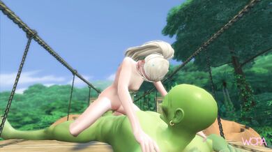 'GIANT GREEN-SKINNED GOBLIN GUARDIAN OF THE PASSAGE RECEIVES THE BLONDE VALET WHO SEEKS TO CROSS THE MOUNTAIN'.