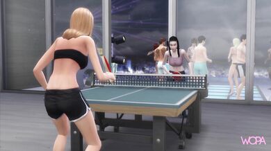 'Exhibitionist couple in a sexual frenzy at the office party, while their unsuspecting boyfriends watch helplessly from the sidelines'.