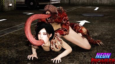 The Licker, a mutated creature from the Resident Evil franchise, penetrates Ada Wong with his long tongue as she moans in pleasure.