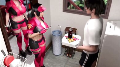 Rewritten as: Two girls indulge in an ecstatic pizza takeout scene, with plenty of nipple play and a tasty fuck