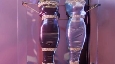 Two girls in sexy lingerie get tied up and mummified with electrical tape and duct tape for your pleasure