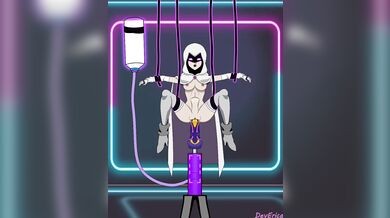 Busty MILF gets fucked by a horse dick toy while wearing white lingerie