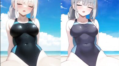 This is a hentai video featuring two girls, Suna and Shiroko, in swimsuits having sex with each other while they explore their desires