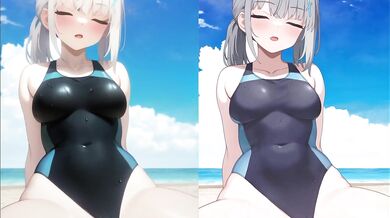 This is a hentai video featuring two girls, Suna and Shiroko, in swimsuits having sex with each other while they explore their desires