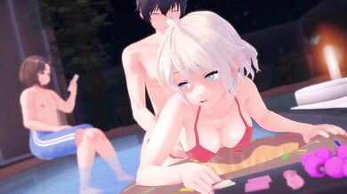 Mommy and Daddy Playing in the Pool with Little Sons Girlfriend