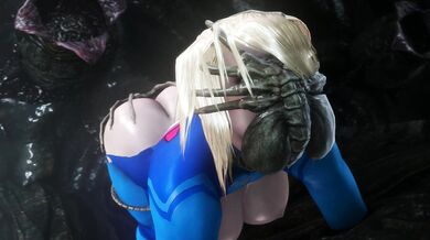 Samuss face is being hugged by a bunch of alien creatures called Facehuggers, and it is up to noname55 to save her