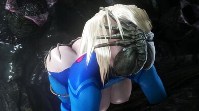 Samuss face is being hugged by a bunch of alien creatures called Facehuggers, and it is up to noname55 to save her