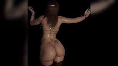 Sexy belly dancer takes off her clothes and grinds on the pole with her voluptuous curves!