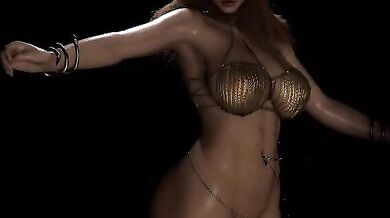 Sexy belly dancer takes off her clothes and grinds on the pole with her voluptuous curves!