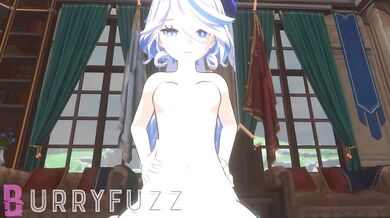 Cowgirl Furina rides a stallion in the barn