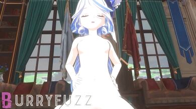 Cowgirl Furina rides a stallion in the barn