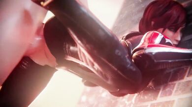 The forbidden desires of the space marine, Shepard, against the hard metal wall