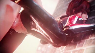 The forbidden desires of the space marine, Shepard, against the hard metal wall