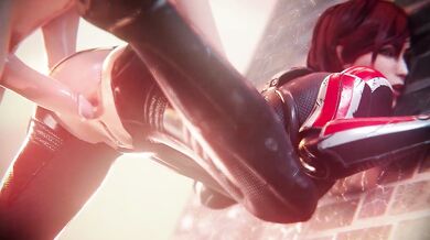 The forbidden desires of the space marine, Shepard, against the hard metal wall