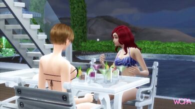 Two friends enjoying a sexy pool party, rubbing their wet pussies together in the water