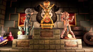 Mario and Princess Peach Celebrating their Victory on the Podium in a Metal Version (On Model 3D)