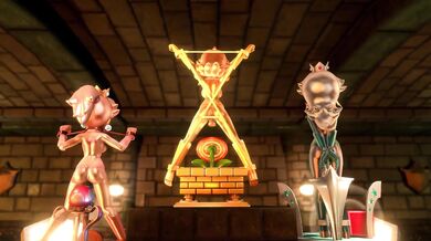 Mario and Princess Peach Celebrating their Victory on the Podium in a Metal Version (On Model 3D)