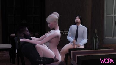 Rewritten as: Husband pleasures himself while a threesome with his wife and BBC occurs in the restaurant