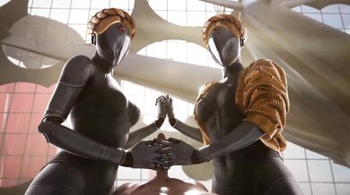 Sisters of the same twin, licking each others lips with a candy cane