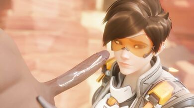 Watch as Tracer pays off her bet with Blacked Glasses, Bewyx is blackmailed by the blonde superheroine to fulfill her sexual desires