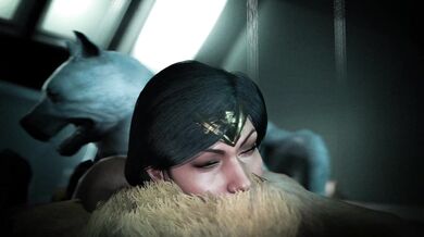 Sexy Wonder Woman and her trustworthy dogs get down and dirty in all angles (zoom, close-up, and slow motion)