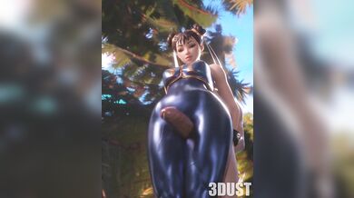 A threesome with Chun-Li, a woman who is known for her incredible thighs, and a man who has three dust particles on his body