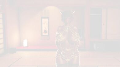 'Melanin-rich Aki, with her feline ears and tail, is taken from behind by a mysterious man in black leather.'
