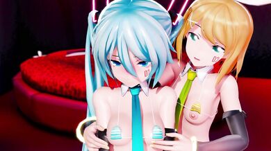 'Hatsune Miku, Rin and Len Kagamine go wild in a hot threesome sex scene!'