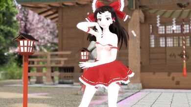 A shy and embarrassed Reimu strips in front of the temple, revealing her naked body for all to see