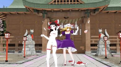 A shy and embarrassed Reimu strips in front of the temple, revealing her naked body for all to see