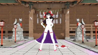 A shy and embarrassed Reimu strips in front of the temple, revealing her naked body for all to see