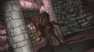 A big-titted bimbo is having her pussy eaten by a hairy beast, and shes loving every second of it!