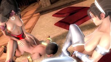 Strap-On Threesome with Kitana and Jade while Mileena Watches