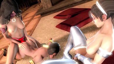 Strap-On Threesome with Kitana and Jade while Mileena Watches