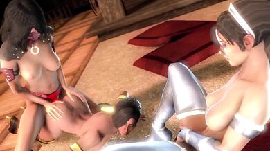 Strap-On Threesome with Kitana and Jade while Mileena Watches