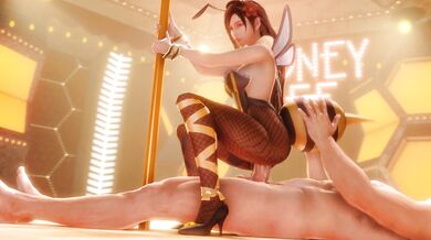 Tifa Lockhart gets stuck in a beehive while wearing a honey-covered cloth as she tries to escape from the angry swarm of bees