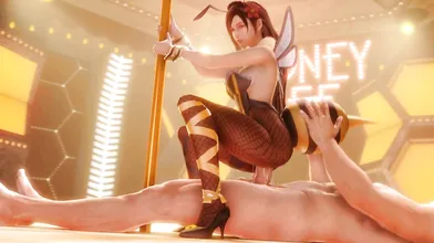 Tifa Lockhart gets stuck in a beehive while wearing a honey-covered cloth as she tries to escape from the angry swarm of bees