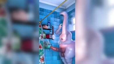 Reworded as: Bronto, the man with a big dick, strokes his velociraptor companion while it gets off on being touched