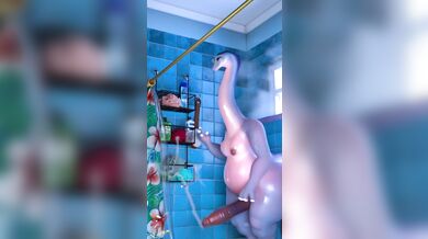 Reworded as: Bronto, the man with a big dick, strokes his velociraptor companion while it gets off on being touched