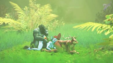 In the forest, three people are having sex with each other in different positions