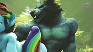 In the forest, three people are having sex with each other in different positions