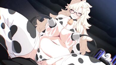 This is a hentai video featuring a cowgirl milking a cow while wearing a bucket on her head, which creates an erotic effect
