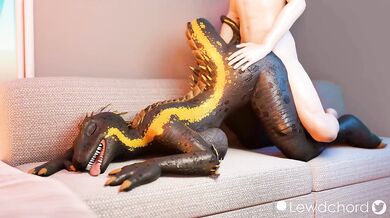 Watch as the furry lizard gets doggy-style with a human woman, resulting in an intense and satisfying orgasm!