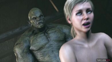 Cassie, a beautiful elf warrior, faces off against a towering orc in the mystical realm of 26RegionsSFM Who will come out on top?
