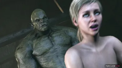 Cassie, a beautiful elf warrior, faces off against a towering orc in the mystical realm of 26RegionsSFM Who will come out on top?