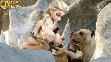 Elsa gets down and dirty with a furry friend!