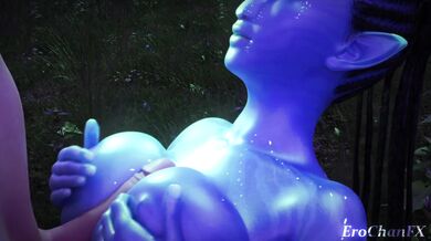 After a long day of hunting, Neytiri is feeling horny and asks Jake to give her a titjob as they watch an ero-chan video on his tablet