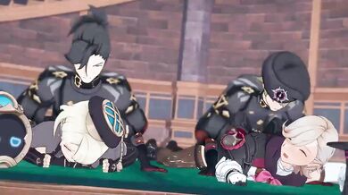 A big-chested blonde and a busty brunette join forces to please their dominant partner in this sexy mob scene!